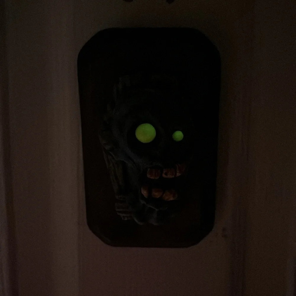 Handmade Coffin Zombie Head wall decor with glow in the dark eyes